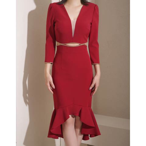 1/16新作!【今だけポイント20倍】[Andy]Vネックシアーウエストカット七分袖マーメイド膝丈キャバドレス[AN-OK2690](ワインレッド-Sサイズ)