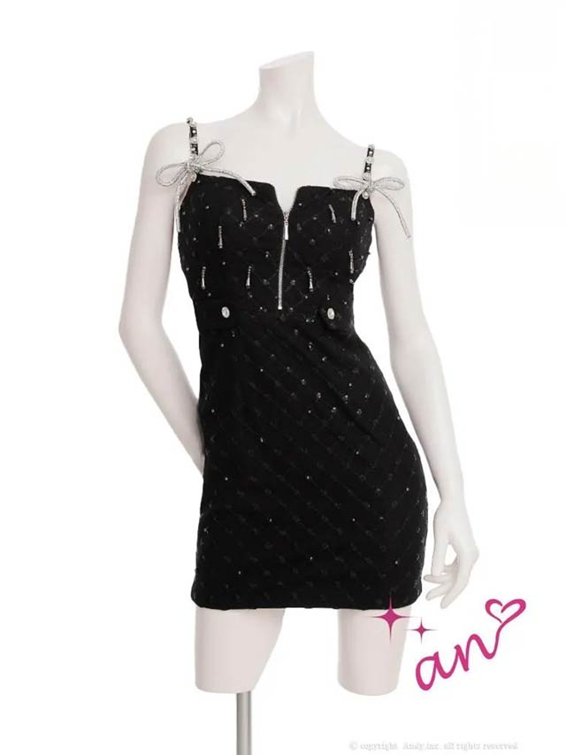 1/16新作!【今だけポイント20倍】[an]キャミドールジップビジューリボンブローチタイトミニ丈キャバドレス[AOC-4044]