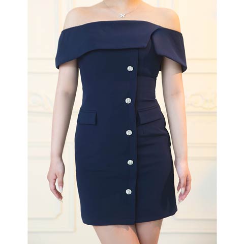 1/16新作!【今だけポイント20倍】[an]ワンカラーオフショルビジューボタンタイトミニ丈キャバドレス[AOC-4001](ネイビー-Sサイズ)