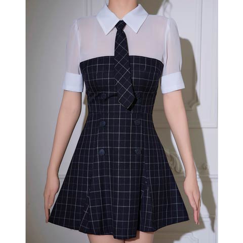 1/22新作!【今だけポイント20倍】[an]2wayタイ付きチェックボタンビジューAラインミニ丈キャバドレス[AOC-4048](ブラック-XSサイズ)