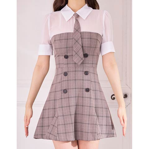 1/22新作!【今だけポイント20倍】[an]2wayタイ付きチェックボタンビジューAラインミニ丈キャバドレス[AOC-4048](ブラウン-XSサイズ)