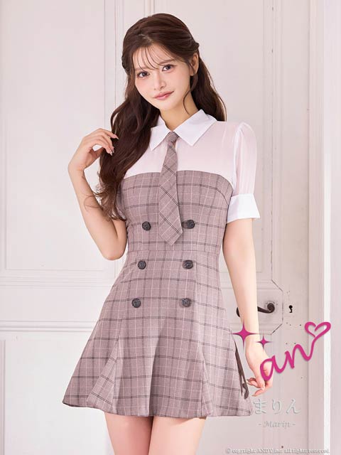 1/22新作!【今だけポイント20倍】[an]2wayタイ付きチェックボタンビジューAラインミニ丈キャバドレス[AOC-4048]