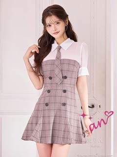 1/22新作!【今だけポイント20倍】[an]2wayタイ付きチェックボタンビジューAラインミニ丈キャバドレス[AOC-4048]