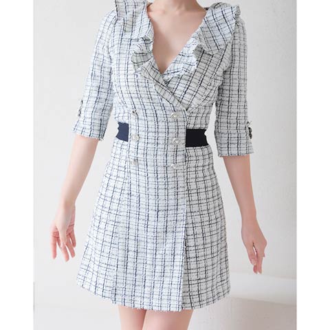 1/22新作!【今だけポイント20倍】[Andy]チェックツイードダブルボタンバックカットリボンAラインミニ丈キャバドレス[AN-OK2711](ホワイト×ネイビー-Sサイズ)