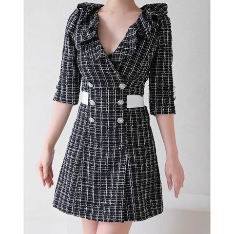 1/22新作!【今だけポイント20倍】[Andy]チェックツイードダブルボタンバックカットリボンAラインミニ丈キャバドレス[AN-OK2711](ブラック×ホワイト-Sサイズ)