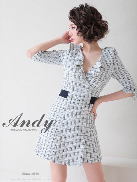 1/22新作!【今だけポイント20倍】[Andy]チェックツイードダブルボタンバックカットリボンAラインミニ丈キャバドレス[AN-OK2711]