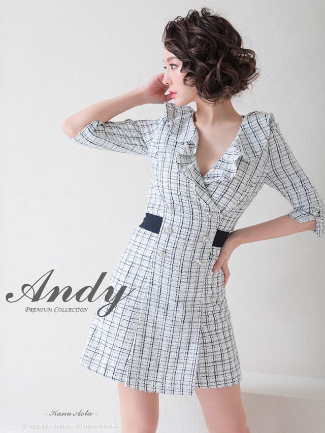 1/22新作!【今だけポイント20倍】[Andy]チェックツイードダブルボタンバックカットリボンAラインミニ丈キャバドレス[AN-OK2711]