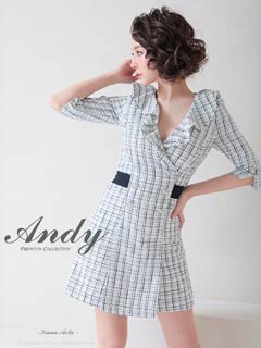 1/22新作!【今だけポイント20倍】[Andy]チェックツイードダブルボタンバックカットリボンAラインミニ丈キャバドレス[AN-OK2711]