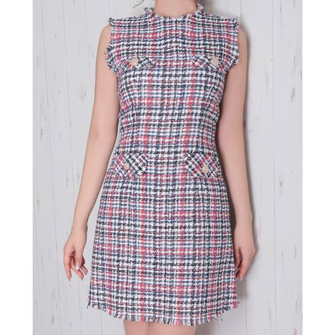 1/22新作!【今だけポイント20倍】[Andy]ノースリーブミックスツイードフリンジAラインミニ丈キャバドレス[AN-ON2733](ホワイト-Sサイズ)