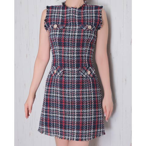 1/22新作!【今だけポイント20倍】[Andy]ノースリーブミックスツイードフリンジAラインミニ丈キャバドレス[AN-ON2733](ネイビー-Sサイズ)