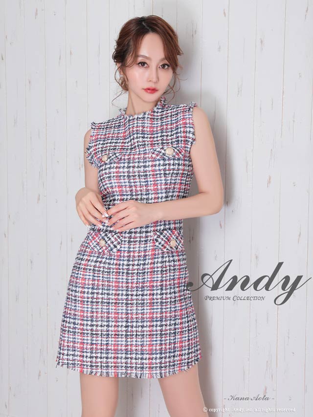 1/22新作!【今だけポイント20倍】[Andy]ノースリーブミックスツイードフリンジAラインミニ丈キャバドレス[AN-ON2733]