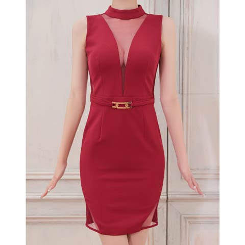 1/27新作!【今だけポイント20倍】[Andy]シアーノースリーブベルトモチーフタイトミニ丈キャバドレス[AN-ON2876](ワインレッド-Sサイズ)