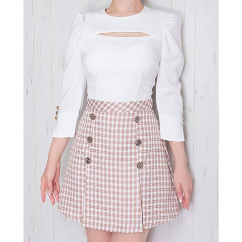 1/27新作!【今だけポイント20倍】[Andy]ツイード切替カットアウト七分袖Aラインミニ丈キャバドレス[AN-ON2737](ベージュ×ホワイト-Sサイズ)