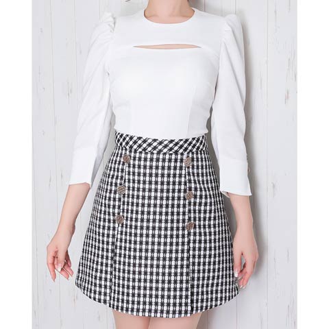 1/27新作!【今だけポイント20倍】[Andy]ツイード切替カットアウト七分袖Aラインミニ丈キャバドレス[AN-ON2737](ホワイト×ブラック-Sサイズ)