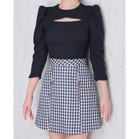 1/27新作!【今だけポイント20倍】[Andy]ツイード切替カットアウト七分袖Aラインミニ丈キャバドレス[AN-ON2737](ネイビー-Sサイズ)