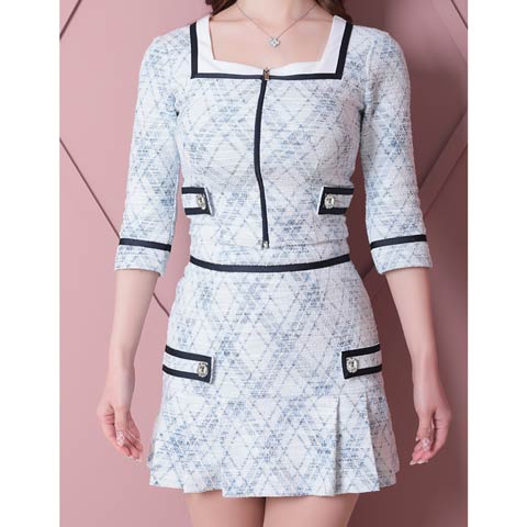 1/27新作!【今だけポイント20倍】[an]チェックツイードフロントジップビジューボタンAラインミニ丈セットアップ[AOC-3901](ホワイト×ブルーチェック-Sサイズ)