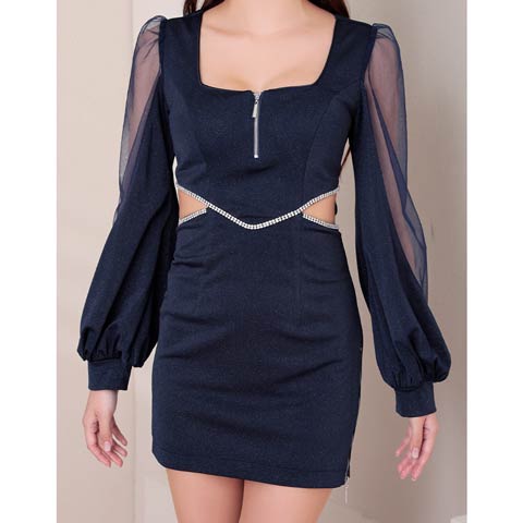 1/27新作!【今だけポイント20倍】[GLAMOROUS by Andy]カットアウトビジューファスナーチュール袖タイトミニ丈キャバドレス[GMS-V869](ネイビー-Sサイズ)