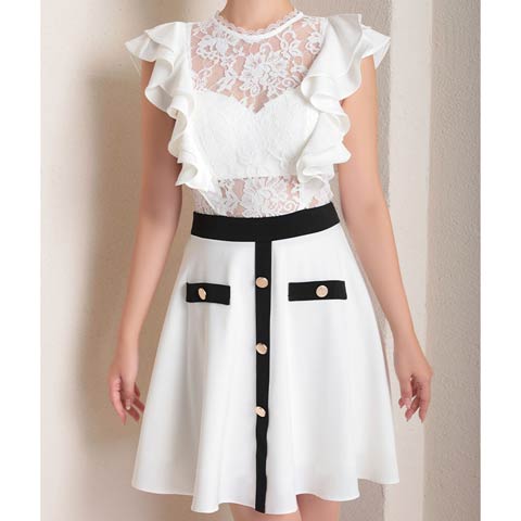 1/27新作!【今だけポイント20倍】[Andy]バイカラーシアーレースフリルAラインミニ丈キャバドレス[AN-ON2876](ホワイト-Sサイズ)