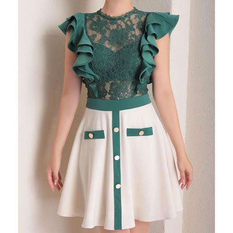 1/27新作!【今だけポイント20倍】[Andy]バイカラーシアーレースフリルAラインミニ丈キャバドレス[AN-ON2876](モスグリーン-Sサイズ)