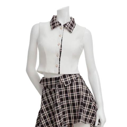 2/5新作!【今だけポイント20倍】[an]襟付きノースリーブチェック柄アシメAラインミニ丈セットアップ[AOC-4056](ホワイト×ネイビー-XSサイズ)