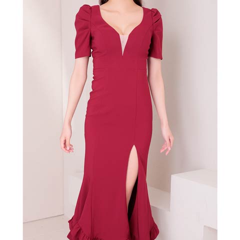 2/5新作!【今だけポイント20倍】[Andy]Vネックシアー半袖スリットフリルマーメイドロング丈キャバドレス[AN-ON2918](ワインレッド-Sサイズ)
