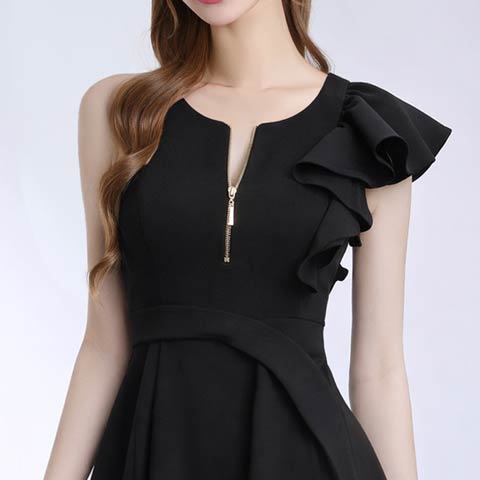 2/5新作!【今だけポイント20倍】[an]アシンメトリーフリルファスナーAラインミニ丈キャバドレス[AOC-4059](ブラック-Sサイズ)