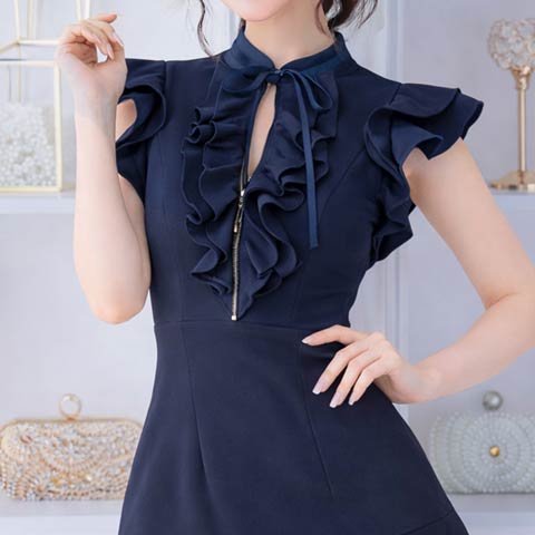 2/5新作!【今だけポイント20倍】[an]ラッフルフリルリボンファスナーAラインミニ丈キャバドレス[AOC-4058](ネイビー-Sサイズ)