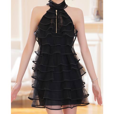 2/5新作!【今だけポイント20倍】[an]ホルターネックシアーティアードAラインミニ丈キャバドレス[AOC-4060](ブラック-Sサイズ)