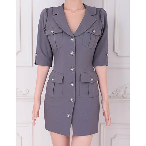 2/5新作!【今だけポイント20倍】[an]襟付きVネックフロントボタン五分袖タイトミニ丈キャバドレス[AOC-4071](グレー-XSサイズ)