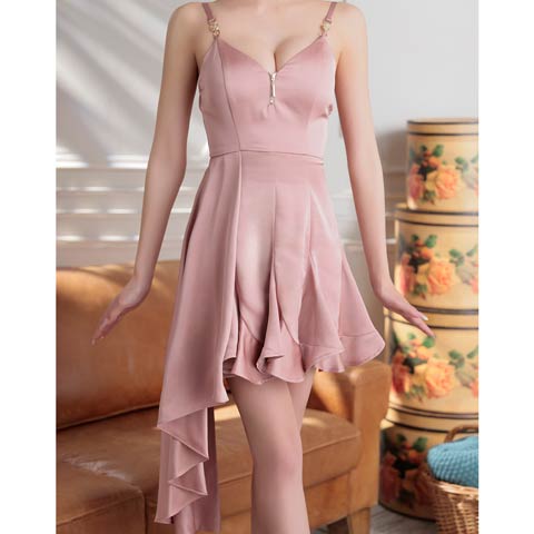 2/5新作!【今だけポイント20倍】[an]キャミソールフロントジップアシンメトリーAラインミニ丈キャバドレス[AOC-4062](ピンク-XSサイズ)