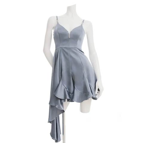 2/5新作!【今だけポイント20倍】[an]キャミソールフロントジップアシンメトリーAラインミニ丈キャバドレス[AOC-4062](ブルー-XSサイズ)