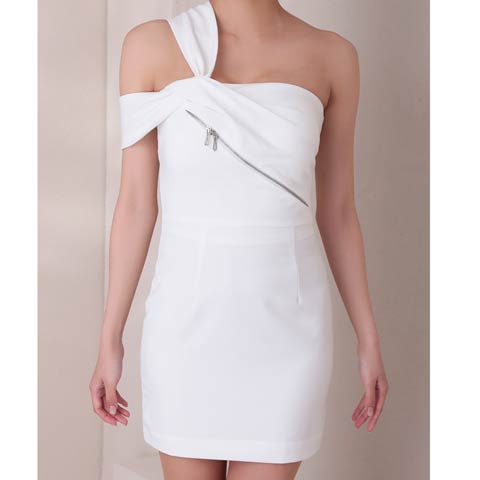 2/19新作![Andy]アシメフロントジップワンショルダータイトミニ丈キャバドレス[AN-ON2938](ホワイト-XSサイズ)