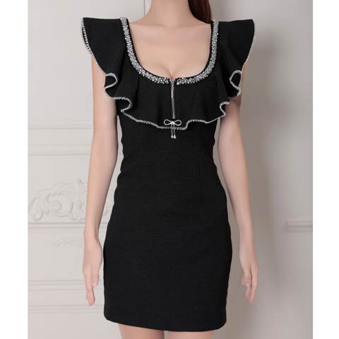 2/19新作![an]グリッターフリルリボンビジューファスナータイトミニ丈キャバドレス[AOC-4068](ブラック-Sサイズ)