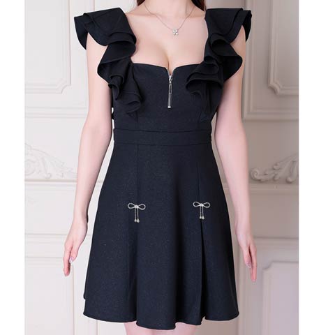 2/19新作![an]ラッフルフリルファスナーリボンビジューAラインミニ丈キャバドレス[AOC-4068](ネイビー-Sサイズ)