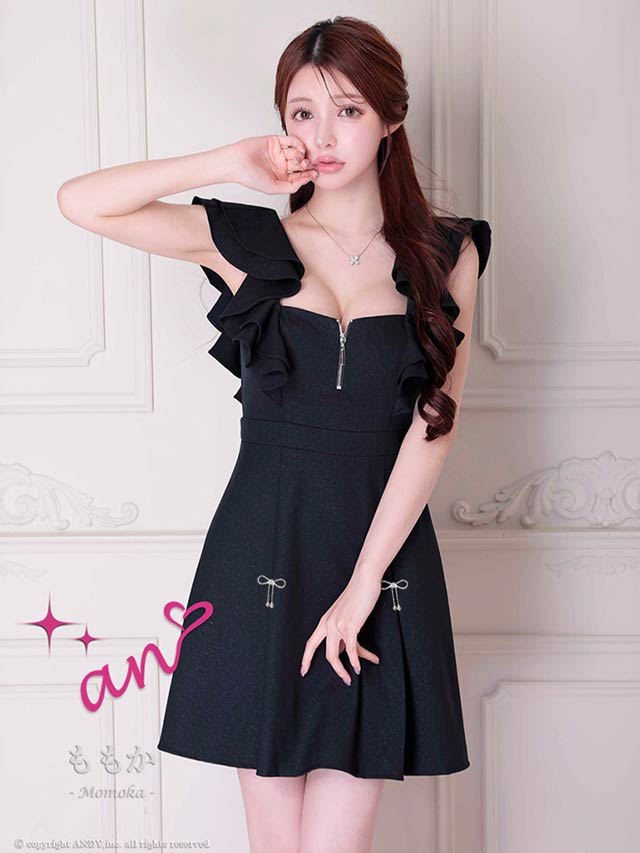 2/19新作![an]ラッフルフリルファスナーリボンビジューAラインミニ丈キャバドレス[AOC-4068]