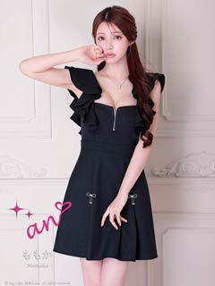 2/19新作![an]ラッフルフリルファスナーリボンビジューAラインミニ丈キャバドレス[AOC-4068]