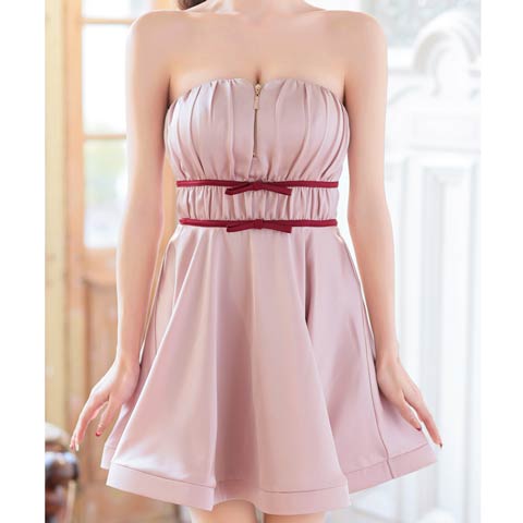 2/19新作![an]ダブルリボンファスナーベアトップAラインミニ丈キャバドレス[AOC-4045](ピンク-Sサイズ)