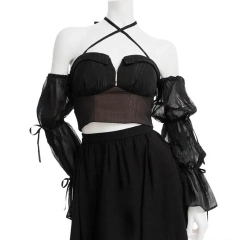 2/19新作![an]3wayクロスネックファスナーチュール袖フレアミニ丈セットアップ[AOC-4076](ブラック-Sサイズ)