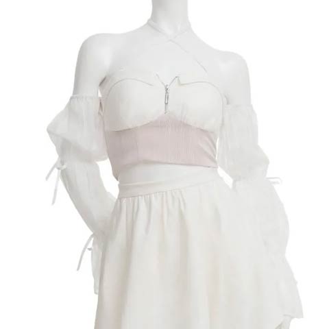 2/19新作![an]3wayクロスネックファスナーチュール袖フレアミニ丈セットアップ[AOC-4076](ホワイト-Sサイズ)