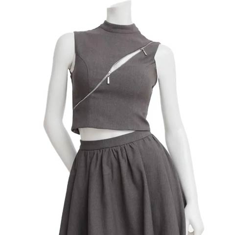 2/19新作![an]ハイネックアシンメトリージップAラインミニ丈セットアップ[AOC-4077](グレー-XSサイズ)