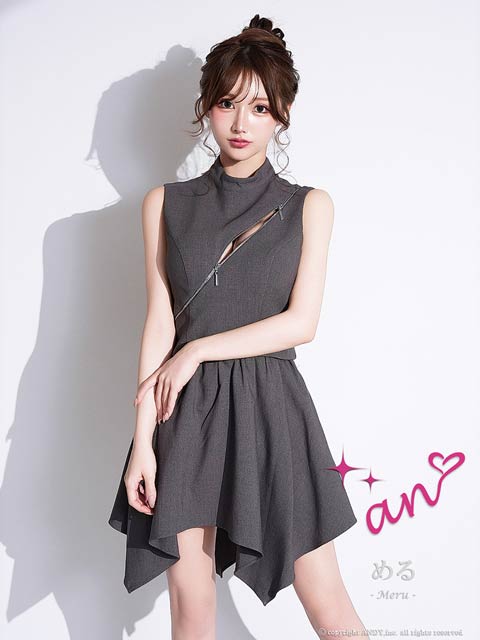 2/19新作![an]ハイネックアシンメトリージップAラインミニ丈セットアップ[AOC-4077]