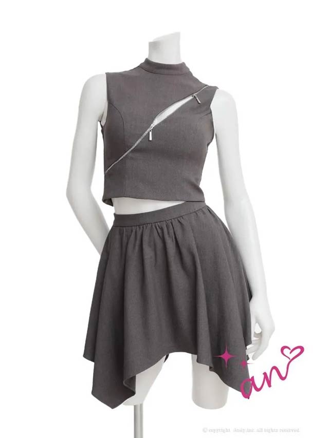 2/19新作![an]ハイネックアシンメトリージップAラインミニ丈セットアップ[AOC-4077]