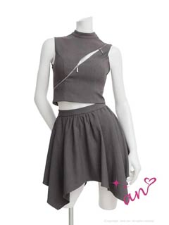 2/19新作![an]ハイネックアシンメトリージップAラインミニ丈セットアップ[AOC-4077]