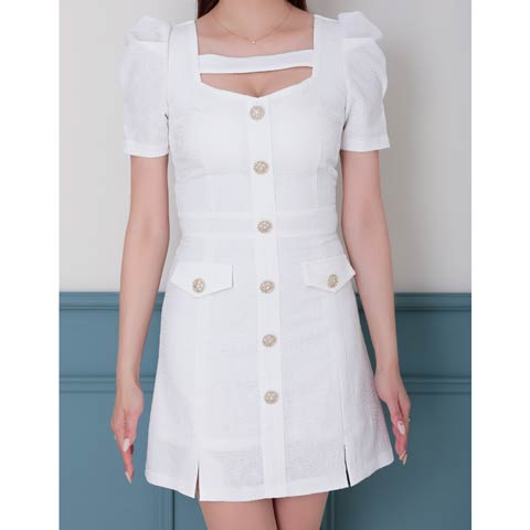 2/19新作![Andy]デコルテラインパフスリーブスリットAラインミニ丈キャバドレス[AN-OK2948](ホワイト-XSサイズ)