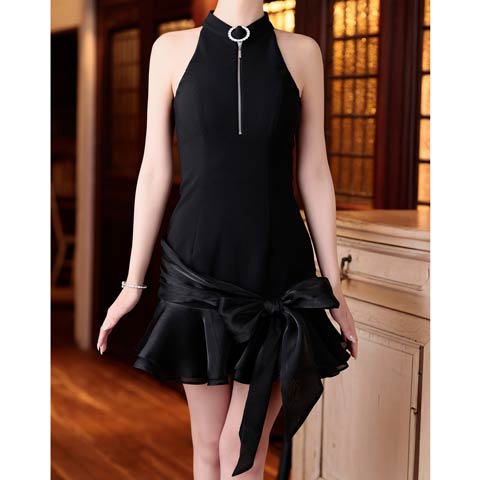 2/19新作![an]サイドリボンアメスリビジューファスナーマーメイドミニ丈キャバドレス[AOC-4047](ブラック-Sサイズ)