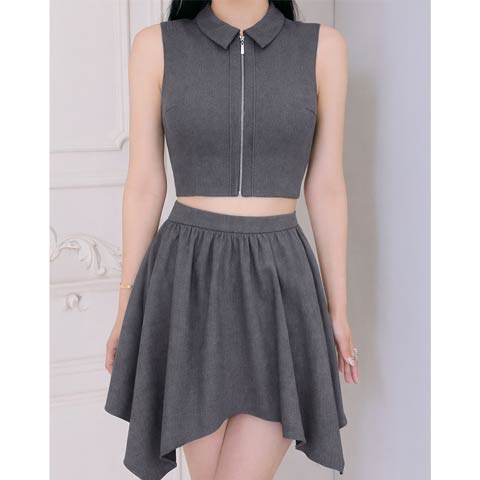 2/19新作![an]襟付きファスナーアシンメトリーフレアミニ丈セットアップ[AOC-4079](グレー-Sサイズ)
