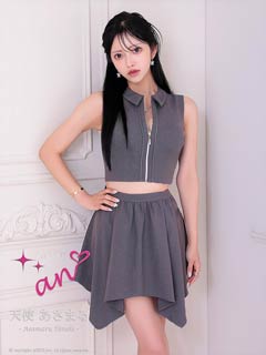 2/19新作![an]襟付きファスナーアシンメトリーフレアミニ丈セットアップ[AOC-4079]