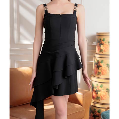 2/19新作![an]ファスナーアシメフリルティアードミニ丈キャバドレス[AOC-4057](ブラック-XSサイズ)