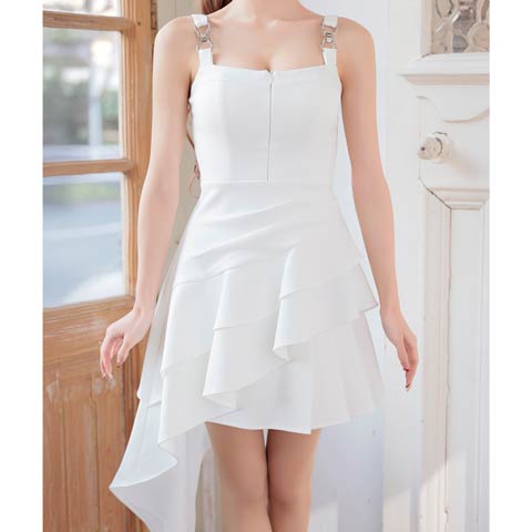 2/19新作![an]ファスナーアシメフリルティアードミニ丈キャバドレス[AOC-4057](ホワイト-XSサイズ)