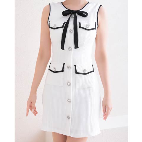 2/19新作![Andy]ノースリーブバイカラーリボンビジューボタンタイトミニ丈キャバドレス[AN-OK2757](ホワイト×ブラック-Sサイズ)